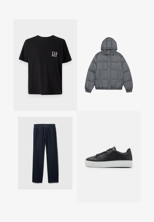 Grå pufferjakke med hætte, der har lynlås foran, elastiske manchetter og to sidelommer. Glat tekstur med quiltede sektioner.; Sort bomulds t-shirt med rund hals, korte ærmer og et lille hvidt "GAP" logo på venstre brystområde. Casual pasform med en glat tekstur.; Mørkeblå lige ben denim jeans med fem lommer, knaplukning og synlig syning på en ensfarvet lys baggrund.; Sorte lædersneakers med rund tå, hvid gummisål og sorte snørebånd. Har en glat overflade og minimalistisk design.