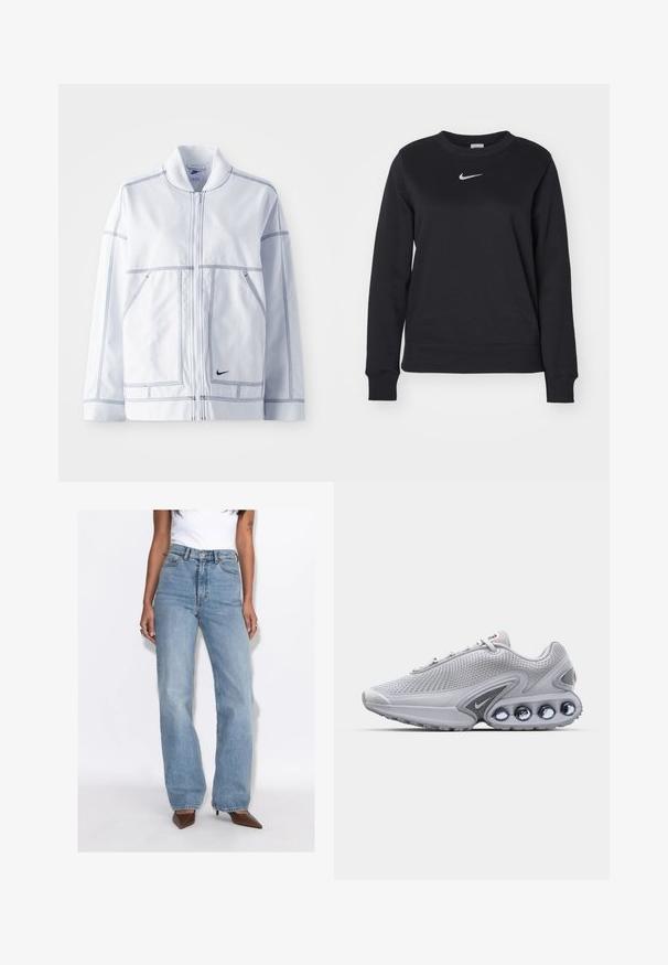 Chaqueta blanca de Nike con cierre frontal, cuello alto, costuras prominentes, dos bolsillos frontales y un pequeño logo negro en la parte inferior delantera.; Sudadera negra de mezcla de algodón, con puños y dobladillo acanalados, escote redondo y logo plateado de Nike en el pecho.; Mujer con vaqueros de tiro alto y pierna recta de color azul claro, top blanco sin mangas y tacones marrones de punta, de pie frente a un fondo blanco.; Zapatilla de running de malla gris con un diseño estructurado, que presenta una suela gris prominente con acentos reflectantes redondeados y un logo rojo en la lengüeta.