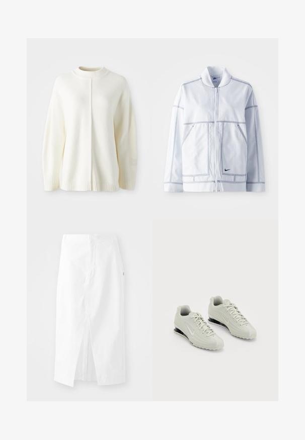 Veste Nike blanche avec fermeture éclair à l'avant, col haut, coutures marquées, deux poches avant et un petit logo noir en bas à l'avant.; Pull en polaire blanc avec un col haut côtelé, des manches longues et une couture centrale. Comprend des poignets côtelés et un petit patch logo sur la manche.; Jupe midi en coton blanc avec une coupe droite, une fente sur le côté et une fermeture éclair dissimulée. Texture lisse, design épuré et sans ornements visibles.; Baskets Nike blanches avec un dessus texturé, présentant un embout lisse et des accents de rembourrage noirs. Style à lacets avec un talon renforcé.