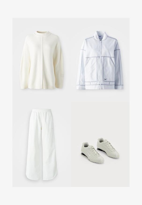 Veste Nike blanche avec fermeture éclair à l'avant, col haut, coutures marquées, deux poches avant et un petit logo noir en bas à l'avant.; Pull en polaire blanc avec un col haut côtelé, des manches longues et une couture centrale. Comprend des poignets côtelés et un petit patch logo sur la manche.; Pantalons de sport larges blancs avec une taille côtelée et un discret logo. Tissu lisse avec une coupe décontractée et un bas effilé.; Baskets Nike blanches avec un dessus texturé, présentant un embout lisse et des accents de rembourrage noirs. Style à lacets avec un talon renforcé.