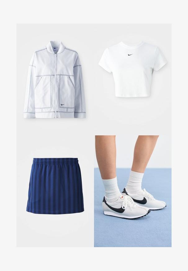 Veste Nike blanche avec fermeture éclair à l'avant, col haut, coutures marquées, deux poches avant et un petit logo noir en bas à l'avant.; T-shirt blanc court en coton, avec des manches courtes et un col rond, orné d'un logo Nike noir sur la poitrine.; Jupe bleu marine avec des rayures verticales, taille élastique, longueur mi-cuisse, fabriquée en tissu léger, texture lisse.; Baskets en maille blanches avec des accents noirs, bout rond et semelle en caoutchouc plate. Associées à des chaussettes blanches côtelées.