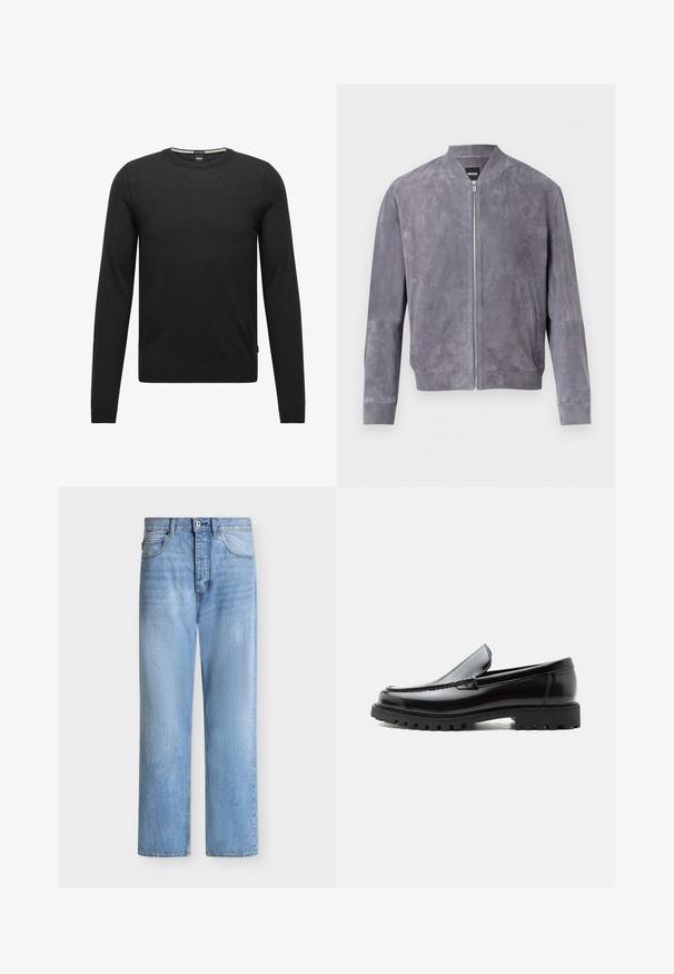 Chaqueta bomber de ante gris con cremallera frontal, cuello, puños y cintura acanalados, con bolsillos laterales y una etiqueta BOSS en el interior del cuello.; Suéter negro de manga larga hecho de tejido de punto fino. Presenta un cuello redondo y puños y dobladillo acanalados. Diseño minimalista sin patrones.; Vaqueros de denim azul claro de pierna recta con cierre de botón y cremallera, bolsillos delanteros y traseros, y presillas para cinturón en la cintura.; Mocasín de cuero negro con suela de goma gruesa, empeine cosido y nombre de la marca en relieve en el talón, mostrado en perfil lateral sobre fondo blanco.