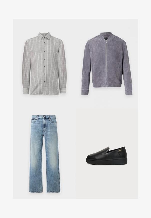 Blouson aviateur en daim gris avec fermeture éclair frontale, col, poignets et ceinture côtelés, doté de poches latérales et d'une étiquette BOSS à l'intérieur du col.; Chemise à manches longues pour hommes en gris clair, présentant un motif à carreaux avec des accents foncés, un plastron boutonné et un col classique. Texture textile lisse.; Jean droit en denim bleu clair avec taille haute, cinq poches, fermeture à boutons et léger délavage sur les cuisses et les genoux.; Chaussure noire en cuir à enfiler avec semelle épaisse et petits trous de ventilation latéraux, avec un logo doré "HUGO" près du talon.
