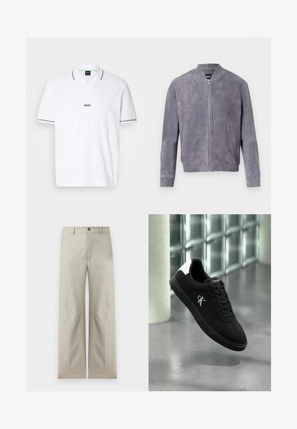 Šedá semišová bomber bunda so zapínaním na predný zips, rebrovaným golierom, manžetami a pásom, s bočnými vreckami a štítkom BOSS vo vnútri goliera.; Biely polo tričko vyrobené z textúrovanej tkaniny. Má výstrih do V, krátke rukávy a tmavosivé akcenty na golieriku a manžetách rukávov. Zobrazené logo "BOSS".; Svetlobéžové formálne nohavice s rovným strihom, zapínaním na gombík a zips, s pútkami na opasok, zobrazené na bielom pozadí.; Čierna teniska Calvin Klein s bielou pätovou záložkou a logom CK na boku, plávajúca nad leštenou betónovou podlahou a stenou zo sklenených blokov v pozadí.
