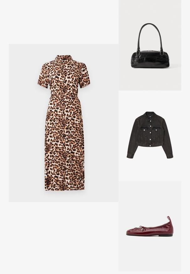 Mustat denimit cropped-takki, jossa on kaksi etupocketia, hopeiset napit ja klassinen kaulus. Takissa on pitkät hihat ja tekstuurinen pinta.; Midi-mekko, jossa on leopardikuvio, lyhyet hihat, kaulus, napit edessä ja vyötäröltä kiristetty malli. Mekko on valmistettu kevyestä kankaasta, jolla on sileä pinta.; Ballerinat burgundin värviga patendinaha, millel on ümar varvas, õhuke must tald ja ees kummitus. Sile, läikiv tekstuur.; Musta nahkainen käsilaukku suorakulmaisen muotoisena, jossa on yksi rakenteellinen kahva, hopeiset yksityiskohdat ja vetoketjukiinnitys. Suuri tekstuuri.