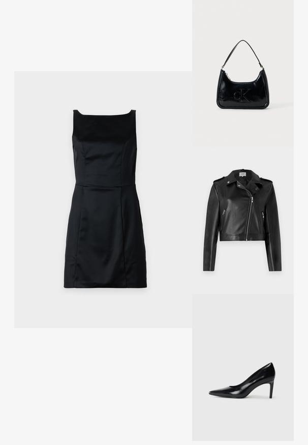 JDY JDYMOXY JACKET - Kunstlederjacke - black; Schwarzes ärmelloses Kleid aus glattem Stoff mit einem quadratischen Ausschnitt, figurbetontem Oberteil und schwingendem Rock mit klaren Linien.; Schwarzer Lederhochschuh mit spitzem Zehenbereich, glatter Textur und schmalem Absatz. Minimalistisches Design, keine zusätzlichen Verzierungen.; Schwarze Handtasche aus patentiertem Leder mit einem gebogenen oberen Griff, Reißverschluss und geprägt "cK" Logo auf der Vorderseite. Glatte Textur, strukturierte Form.