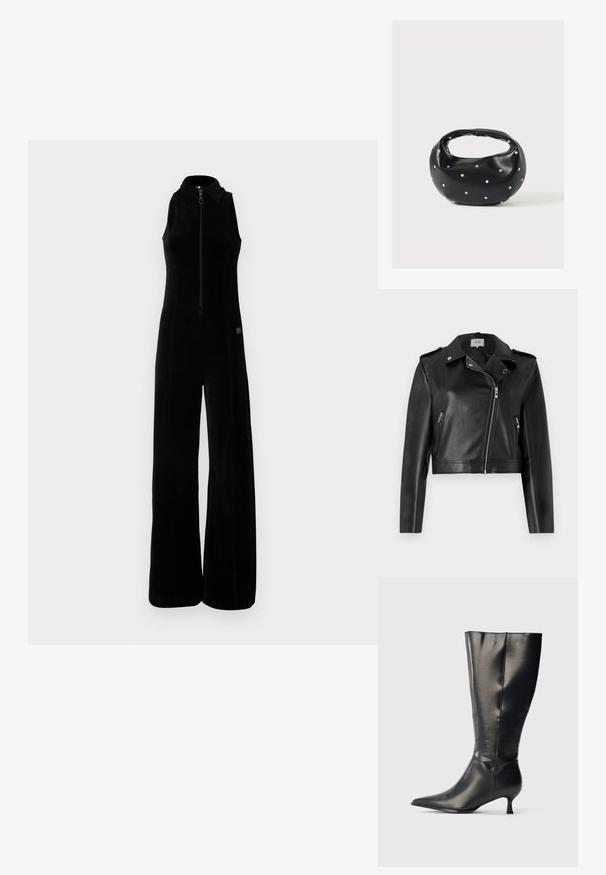 JDY JDYMOXY JACKET - Bunda z nepravej kože - black; Čierny overal so zipsom vpredu, bez rukávov, vysokým golierom a širokými nohavicami. Mäkká, textúrovaná tkanina s jemnými švovými detailmi.; Čierna kožená čižma po kolená so špicatou špičkou a nízkym podpätkom typu kitten, zobrazená na jednoduchom svetlom pozadí.; Čierna kožená kabelka s zaobleným tvarom, zdobená striebornými cvočkami a krátkym rúčkou. Hladká textúra a zapínanie na zips.
