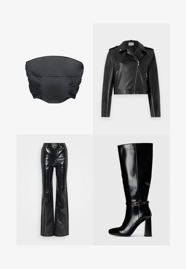 JDY JDYMOXY JACKET - Μπουφάν από συνθετικό δέρμα - black; Μαύρο cropped τοπ από ψεύτικη δερματίνη με gathered υφή και δομημένο σχήμα, που διαθέτει λεία επιφάνεια και ελάχιστες ραφές.; Μαύρο φουλάρ φινίρισμα από δερματίνι παντελόνι με φαρδιά ίσια γραμμή, διαθέτει ψηλή μέση, μπροστινές τσέπες και ασημί αξεσουάρ.; Μαύρη γυαλιστερή δερμάτινη μπότες μέχρι το γόνατο με χοντρό τακούνι και μικρό διακοσμητικό λουράκι με αγκράφα γύρω από τον αστράγαλο.