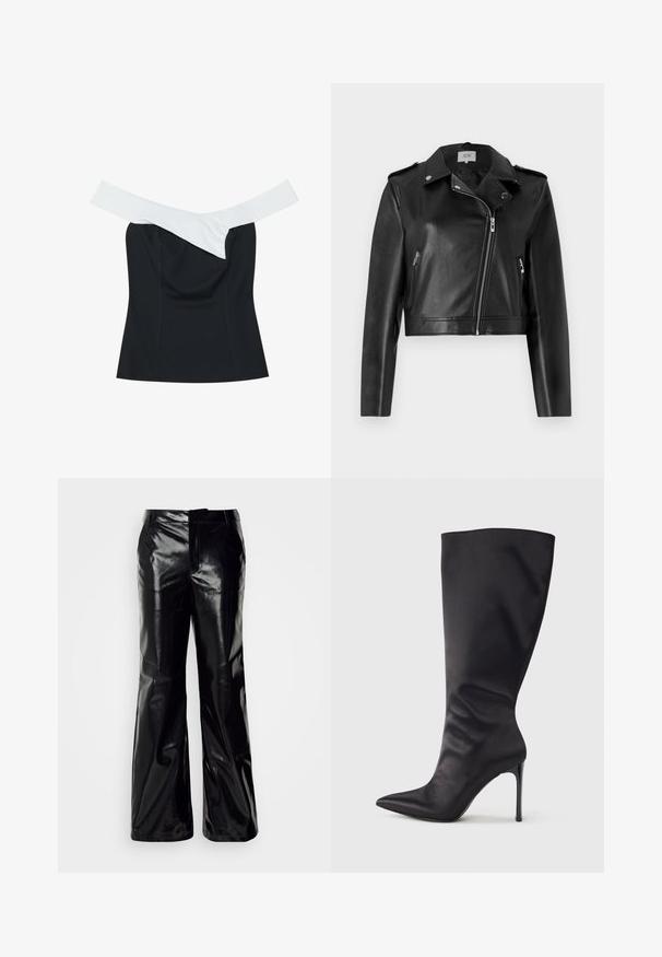 JDY JDYMOXY JACKET - Μπουφάν από συνθετικό δέρμα - black; Μαύρο τοπ με μια ελκυστική λευκή λωρίδα που διασταυρώνεται στο λαιμό, με εφαρμοστή σχεδίαση και λεία υφή υφάσματος.; Μαύροι ευρύχωροι παντελόνες από συνθετικό δέρμα με γυαλιστερό φινίρισμα, που διαθέτουν μπροστινό φερμουάρ και θηλιές για ζώνη για ρυθμιζόμενη εφαρμογή.; Μαύρο ψηλό μπότες στιλέτο μέχρι το γόνατο από λείο, γυαλιστερό υλικό· μυτερή μύτη· στενή εφαρμογή με διακριτική πιέτα κοντά στον αστράγαλο· γυαλιστερό τακούνι.