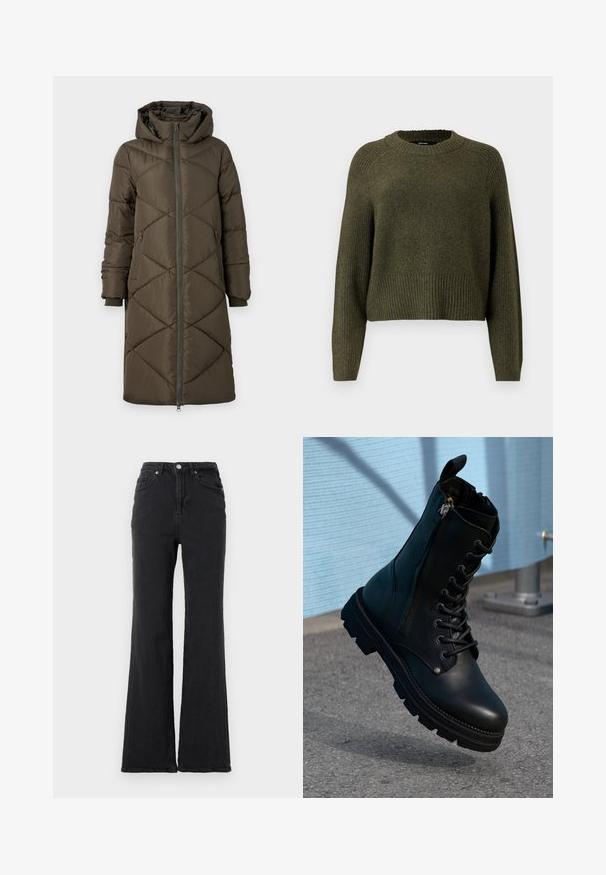 Pufferjakke i olivengrøn med hætte, lynlåslukning, to for- og to baglommer samt et quiltet diamantmønster. Stoffet ser glat og blødt ud.; Olivengrøn strikket sweater med rund halsudskæring, ribbet kant og lange ærmer med en afslappet pasform. Fremstillet af blødt tekstureret stof.; Sorte højtaljede denimjeans med flagrende ben, frontknap og fem-lommet design mod en helt hvid baggrund.; Sorte læder ankel støvler med snørebånd, sidelås, tekstureret overflade og en robust sål med fremtrædende slidbaner.