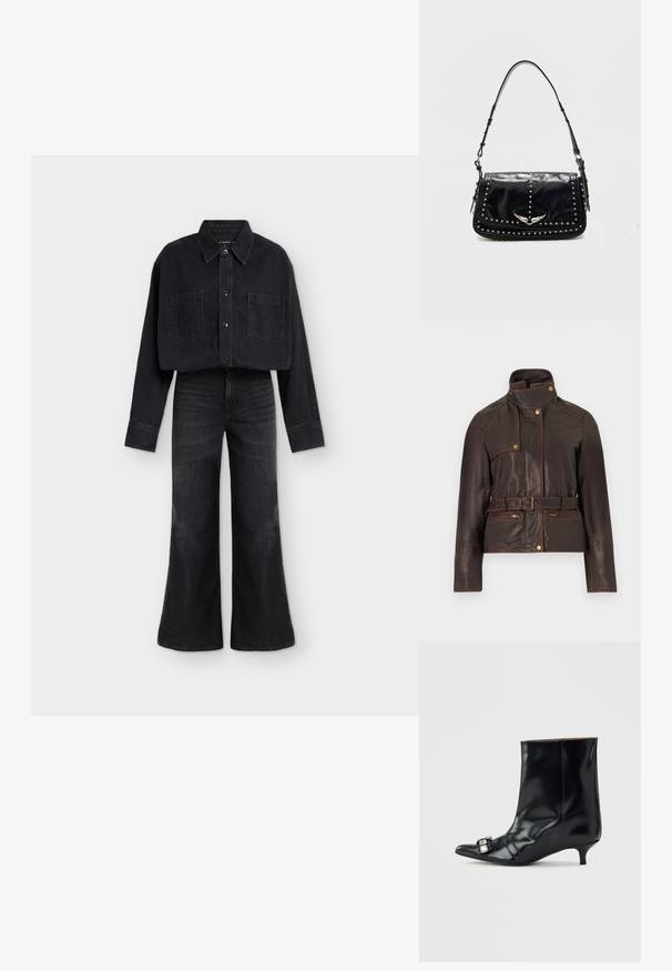 Veste en cuir marron foncé avec col montant, taille ceinturée, poches avant zippées et détails à boutons-pression.; Chemise courte en jean noir avec boutons et deux poches poitrine, associée à un jean noir taille haute à jambes larges sur fond blanc.; Bottine en cuir noir avec bout pointu, petit talon kitten bas et boucle décorative en argent sur le côté près de l'orteil.; Sac à épaule en cuir noir avec des clous argentés et un emblème métallique ailé sur le rabat avant sur fond uni.