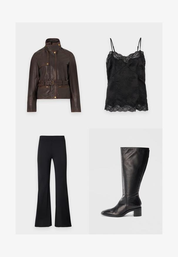 Veste en cuir marron foncé avec col montant, taille ceinturée, poches avant zippées et détails à boutons-pression.; Camisole noire en satin avec fines bretelles ajustables, motif jacquard floral et bordure en dentelle le long de l'encolure et de l'ourlet.; Pantalon noir évasé en tissu lisse et extensible avec une large ceinture élastique et une silhouette longue. Aucun motif ni élément visible.; Botte noire en cuir montante, avec un bout carré, un talon large et un design épuré. Texture lisse avec une fermeture éclair sur le côté pour un enfilage facile.