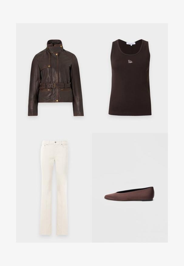 Veste en cuir marron foncé avec col montant, taille ceinturée, poches avant zippées et détails à boutons-pression.; Débardeur sans manches à côtes de couleur marron foncé avec un petit logo de renard blanc centré sous l'encolure, étiquette de taille visible à l'intérieur du col.; Jean blanc à jambes droites avec bouton avant et poches, présenté sur un fond blanc uni.; Ballerines en tissu marron avec un bout pointu et une texture lisse, dotées d'un talon bas et d'une fine semelle noire. Aucune motif ni élément métallique visible.