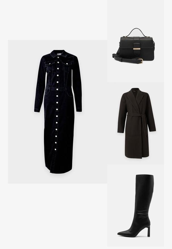 Vero Moda VMFORTUNE LONG JACKET - Klasický kabát - chocolate torte; Čierne denimové šaty, dlhé rukávy, zapínanie na gombíky, golier, dve vrecká na hrudi a bočné vrecká, so striebornými gombíkmi ako doplnkami.; Even&Odd Čižmy - black; Čierna kožená kabelka so zlatými kovovými akcentmi, obdĺžnikový tvar, zapínanie na klopu, nastaviteľný ramenný popruh, hladká textúra, minimalistický dizajn.