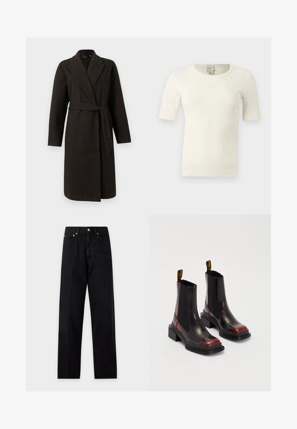 Vero Moda VMFORTUNE LONG JACKET - Klassisk frakke - chocolate torte; Off-white, kortærmet ribstrikket top med rund halsudskæring og Calvin Klein-mærke på indersiden af kraven bagpå.; Sorte jeans med lige ben, frontknap og lynlås, fem-lomme-design og bæltestropper på en hvid baggrund.; Dr. Martens MAYBOLE CHELSEA - Plateaustøvletter - black/cherry red