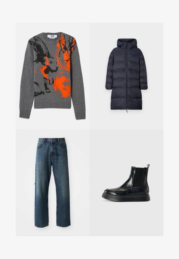 Lang marineblå polstret vinterfrakke med hætte, fuld frontlynlås, elastiske manchetter og EA7-logo på brystet.; Grå strikket sweater med et kontrasterende orange og sort abstrakt design. Rund hals og ribbede manchetter og kant. Blød tekstur.; NN.07 OTIS - Jeans Straight Leg - stonewashed; Sort læder slip-on ankelstøvle med tyk ridslet sål, elastiske sidepaneler, trækstrop og dekorativ bagstikning.