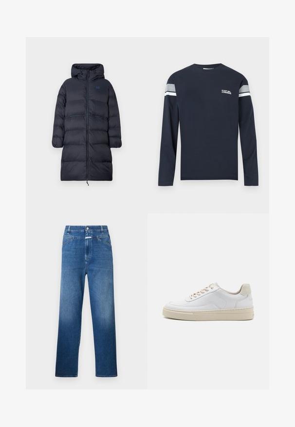 Manteau d'hiver rembourré long bleu marine avec capuche, fermeture éclair sur le devant, poignets élastiqués et logo EA7 sur la poitrine.; T-shirt à manches longues bleu marine en tissu de coton, doté d'un col rond, d'une bande blanche et grise sur les manches, et d'un petit logo sur la poitrine.; Jean en denim bleu avec une coupe droite, présentant une fermeture à bouton, des passants de ceinture et un léger délavage sur les cuisses.; Sneaker blanche avec un dessus en cuir lisse, des lacets beige et un onglet de talon en daim beige texturé. Semelle surélevée pour une hauteur supplémentaire.
