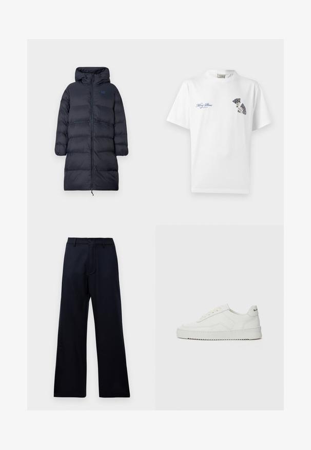 Langer navyblauer gepolsterter Wintermantel mit Kapuze, durchgehendem Reißverschluss, elastischen Bündchen und EA7-Logo auf der Brust.; Weißes T-Shirt mit Rundhalsausschnitt, blauem Text "Filling Pieces" und dekorativem Grafikdesign eines zerbrochenen Tellers auf der oberen Brust.; Schwarze hoch taillierte weite Hose mit Gürtelschlaufen, vorderem Knopf und Reißverschluss vor einem schlichten weißen Hintergrund.; Weiße Ledersneaker mit glatter Oberfläche, runder Zehenpartie, flachen Schnürsenkeln und strukturiertem Sohlenprofil. Mit einem dezenten Logo an der Ferse.