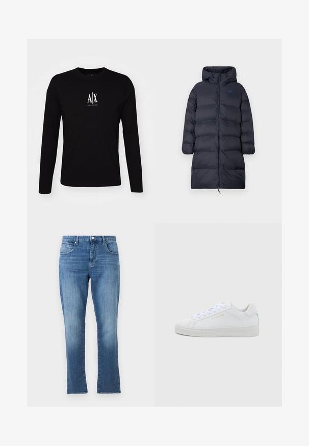 Lange, navyblauwe gewatteerde winterjas met capuchon, volledige rits aan de voorkant, elastische manchetten en EA7-logo op de borst.; Zwarte langslavende T-shirt van katoen met een ronde hals. Heeft een wit logo "A|X" gecentreerd op de borst. Eenvoudig ontwerp, minimale accenten.; Blauwe spijkerbroek met rechte pijpen, voorzijde met knoop- en ritssluiting, en een ontwerp met vijf zakken, afgebeeld op een effen lichte achtergrond.; Witte leren lage sneakers met een ronde neus, platte veters, een gestructureerde zool en subtiele gouden branding aan de zijkant. Gladde oppervlakte en minimalistisch ontwerp.