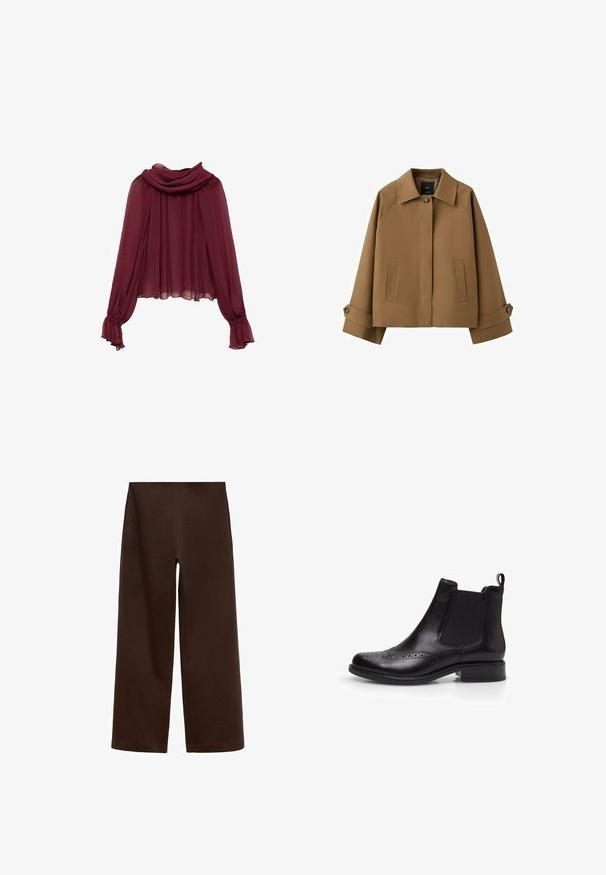 Veste courte marron avec large col, fermeture à un bouton, deux poches avant et bracelets de manche à bouton.; Blouse en chiffon bordeaux avec un col drapé et des manches longues. Les manches ont des poignets froncés, créant une silhouette fluide.; Pantalons larges marron en tissu lisse et doux, sans coutures ni fermetures visibles, avec une taille élastique pour plus de confort.; Bata Bottines - nero