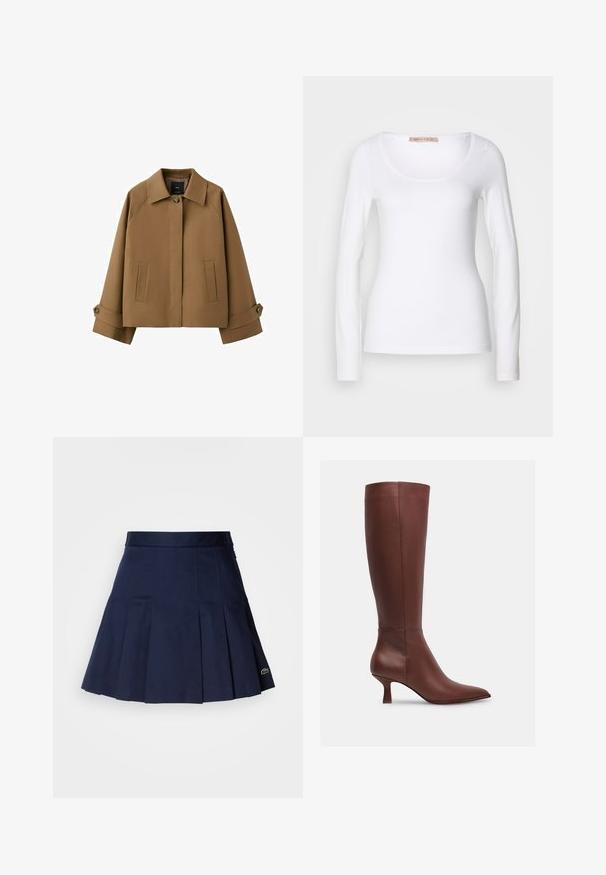 Veste courte marron avec large col, fermeture à un bouton, deux poches avant et bracelets de manche à bouton.; T-shirt en coton blanc à manches longues, avec un col rond et une coupe ajustée, au toucher doux et sans ornement.; Jupe plissée bleu marine avec une taille ajustée, fabriquée à partir d'un tissu lisse. Présente un petit logo Lacoste sur l'ourlet.; Botte en cuir marron montant jusqu'au genou, avec un bout pointu et un talon effilé. Texture lisse sans motifs visibles ni accents en métal.