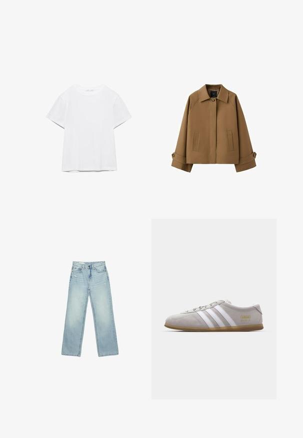 Veste courte marron avec large col, fermeture à un bouton, deux poches avant et bracelets de manche à bouton.; T-shirt blanc uni à manches courtes et col rond, avec un ourlet droit, présenté sur un fond blanc.; Jean taille haute bleu clair à jambes larges, légèrement usé sur les poches avant et les cuisses, fermeture par boutons et design cinq poches.; Baskets en daim gris avec des rayures en cuir blanc et un logo doré. Semelle en gomme plate, bout rond et design classique à lacets.