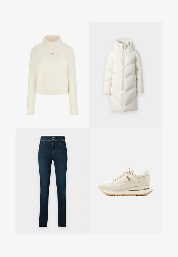 Lange witte gewatteerde pufferjas met een capuchon, ritssluiting aan de voorkant en geribbelde binnenkraag, weergegeven op een neutrale achtergrond.; Guess Sweater - crema; Donkerblauwe skinny jeans met vijf zakken, rits- en knoopsluiting, en contrasterende stiksels, gemaakt van denim stof.; Lichtbeige sneaker met suède en geweven stof met patroon, vetersluiting, metalen merklogo aan de zijkant en gumrubberen zool.