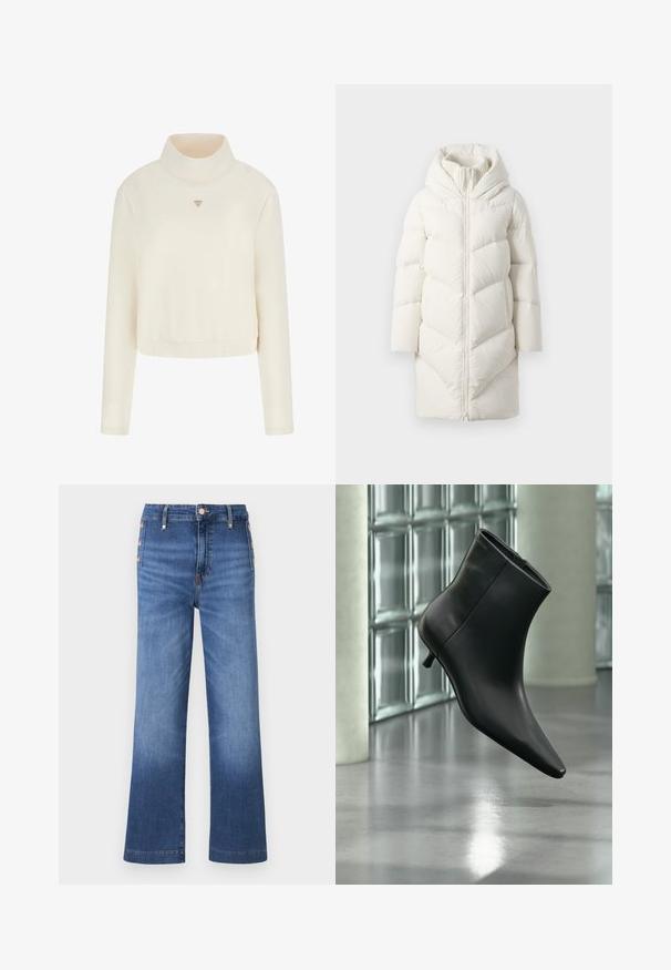 Lange witte gewatteerde pufferjas met een capuchon, ritssluiting aan de voorkant en geribbelde binnenkraag, weergegeven op een neutrale achtergrond.; Guess Sweater - crema; Blauwe jeans met wijde pijpen, zijdezijdige knoopdetails en een hoge taille.; Zwarte leren enkellaars met spits toelopende neus en lage kittenhak, schuin weergegeven tegen een gepolijste vloer en een glazen blokken muur als achtergrond.