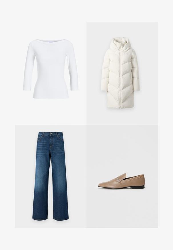 Lange witte gewatteerde pufferjas met een capuchon, ritssluiting aan de voorkant en geribbelde binnenkraag, weergegeven op een neutrale achtergrond.; Witte geribbelde longsleeve top met een bootnek. De stof is soepel, aansluitend en heeft een nette afwerking bij de mouwen en de zoom.; Blauwe wijdere jeans met voorzakken, riemlussen en een knoopsluiting op een effen achtergrond.; Tan leren loafers met een spitse teen, decoratieve zilveren hardware accenten en een lage zwarte hak. Gladde textuur en minimalistisch ontwerp.