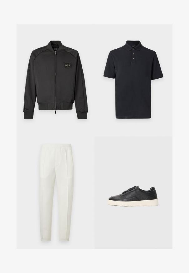Veste bomber noire avec col, poignets et ourlet côtelés, fermeture éclair à l'avant et un petit patch de logo Armani Exchange sur la poitrine gauche.; Polo noir en coton, doté d'un col classique, d'une patte de boutonnage à trois boutons et de manches courtes avec une texture lisse.; Pantalon blanc coupe slim avec une taille élastique, doté de deux poches latérales et d'une texture lisse légèrement brillante.; Baskets en cuir noir avec finition texturée, bout rond et semelle plate en caoutchouc blanc. Présentent des lacets noirs et un logo sur le talon.