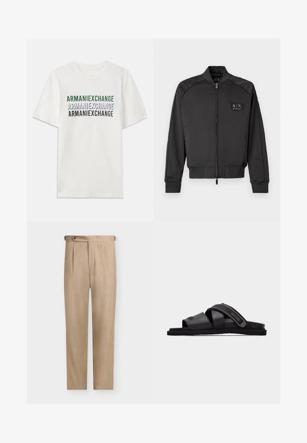 Mustasilkkinen bomber-takki, jossa on ribbikankainen kaulus, hihansuut ja helma, vetoketju edessä sekä pieni Armani Exchange -logo vasemmassa rinnassa.; Valkoinen puuvillapaita, jossa on toistuva teksti "ARMANIEXCHANGE" vihreänä, sinisenä ja mustana. Lyhyet hihat ja klassinen pyöreä kaula-aukko.; Beigen väriset, korkea vyötäröiset räätälöidyt housut, joissa laskos vasemmalla puolella ja nappikiinnitteiset säädettävät vyötäröhihnat molemmin puolin.; Musta nahkainen liukusandaali, jossa kaksi leveää ristikkäistä hihnaa, säädettävä nilkkahihna, jossa merkintä "Moschino", ja litteä pohja.
