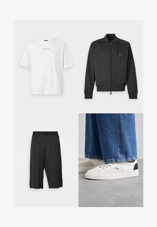 Mustasilkkinen bomber-takki, jossa on ribbikankainen kaulus, hihansuut ja helma, vetoketju edessä sekä pieni Armani Exchange -logo vasemmassa rinnassa.; Valkoinen lyhythihainen t-paita pyöreällä pääntiellä, jossa pieni punainen "MICHAEL KORS" -teksti rinnan keskellä.; Musta lyhyt lahje housut, joissa on joustava vyötärö ja kiristysnauha. Valmistettu sileästä, kevyestä kankaasta, jossa on sivusaumat rennon istuvuuden saavuttamiseksi.; Valkoiset ja mustat tennarit, joissa on sileä nahkapäällinen, tekstuuriakcentit ja paksu valkoinen pohja. Varustettu klassisella nauhakiinnityksellä.