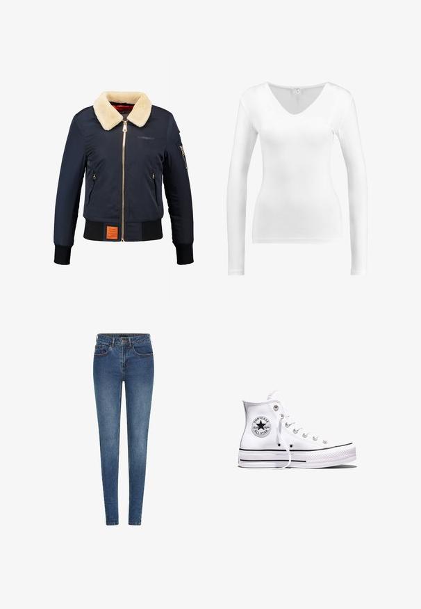 Veste de bombardier navy avec col en fausse fourrure crème, fermeture éclair à l'avant, poches latérales, poignets côtelés et étiquette orange texturée au bas.; Haut à manches longues blanc en V, fabriqué dans un tissu lisse et léger ; design ajusté sans motifs ni détails matériels supplémentaires.; Jean skinny en denim bleu foncé, avec une taille mi-haute, cinq poches et des coutures contrastantes. Texture lisse avec un léger stretch.; Baskets blanches montantes Converse Chuck Taylor All Star avec des rayures noires et un patch logo sur le côté, présentées sur un fond blanc uni.