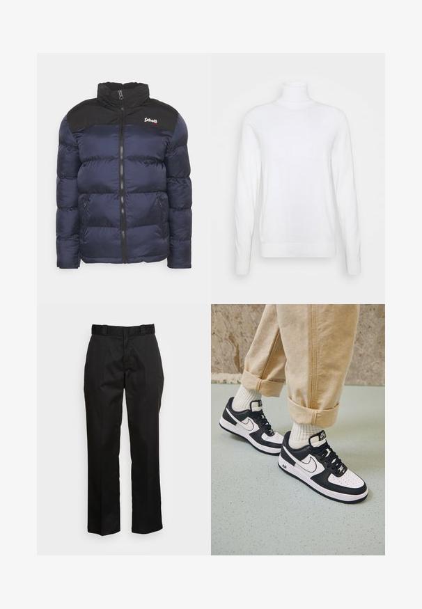 Doudoune bleu marine et noire avec fermeture éclair à l’avant, col montant, poches latérales zippées et petit logo Schott sur la poitrine.; Pull à col roulé blanc avec des manches longues, fabriqué en tissu lisse. Présente un design ajusté et des poignets et un ourlet côtelés. Pas de motifs ni d'accents.; Pantalons noirs en tissu lisse, avec une coupe droite, des passants de ceinture et deux poches latérales. Look classique sans embellissements.; Baskets Nike Air Force 1 en noir et blanc avec un dessus en cuir, orteil perforé et détail de semelle texturée, portées avec un pantalon beige retroussé et des chaussettes blanches.