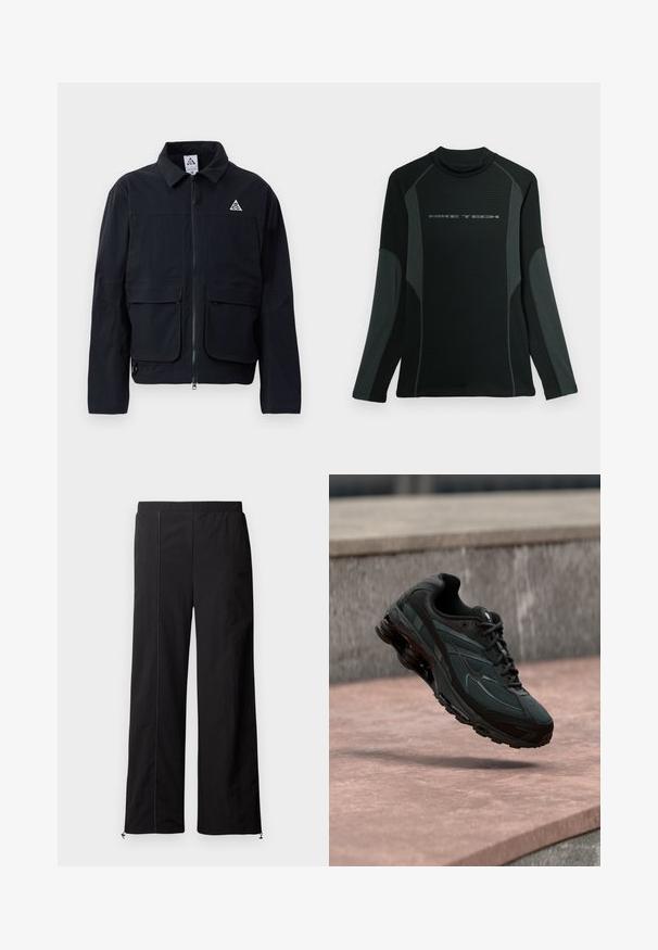 Veste noire avec fermeture éclair à l'avant, deux grandes poches avant et un logo sur le côté supérieur gauche. Fabriquée en tissu lisse et léger.; Chemise noire à manches longues avec col haut, fabriquée en tissu texturé. Présente des panneaux latéraux gris et le logo "NIKE TECH" sur la poitrine.; Pantalons larges noirs avec une texture lisse, taille élastique et fermetures à cordon aux chevilles. Présente des détails de couture contrastants.; Baskets athlétiques noires avec une semelle intercalaire à coussin d’air visible flottant au-dessus d’une surface en pierre rose avec un mur en pierre gris en arrière-plan.