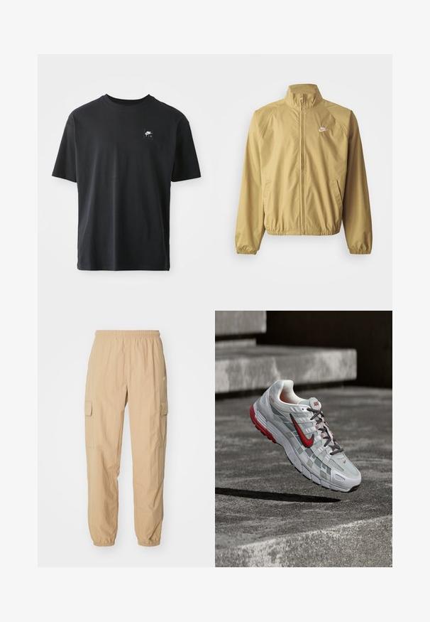Lichtbruin windbreakerjack met een staande kraag, volledige rits, elastische manchetten, zijzakken en een klein wit logo op de borst.; Zwarte katoenen T-shirt met korte mouwen, ronde hals, met een klein rechthoekig logo met "NIKE AIR" in het wit op de linkerborst.; Beige cargobroek van lichtgewicht stof, met een elastische tailleband, twee zijzakken en elastische boorden bij de enkels.; Witte en grijze Nike hardloopschoen met rode accenten en zwarte veters, hangend boven grijze betonnen treden.