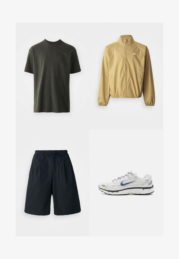 Chaqueta cortavientos beige claro con cuello alto, cremallera completa, puños elásticos, bolsillos laterales y un pequeño logotipo blanco en el pecho.; Camiseta verde oscura de tela suave, con cuello redondo y mangas cortas. Logo "nike" bordado en un verde ligeramente más oscuro.; Pantalones cortos negros con cintura elástica y cordón ajustable. Hechos de una tela suave, con un corte holgado y sin patrones visibles.; Nike Sportswear P 6000 - Zapatillas - phantom/obsidian/summit white/white/black/metallic silver