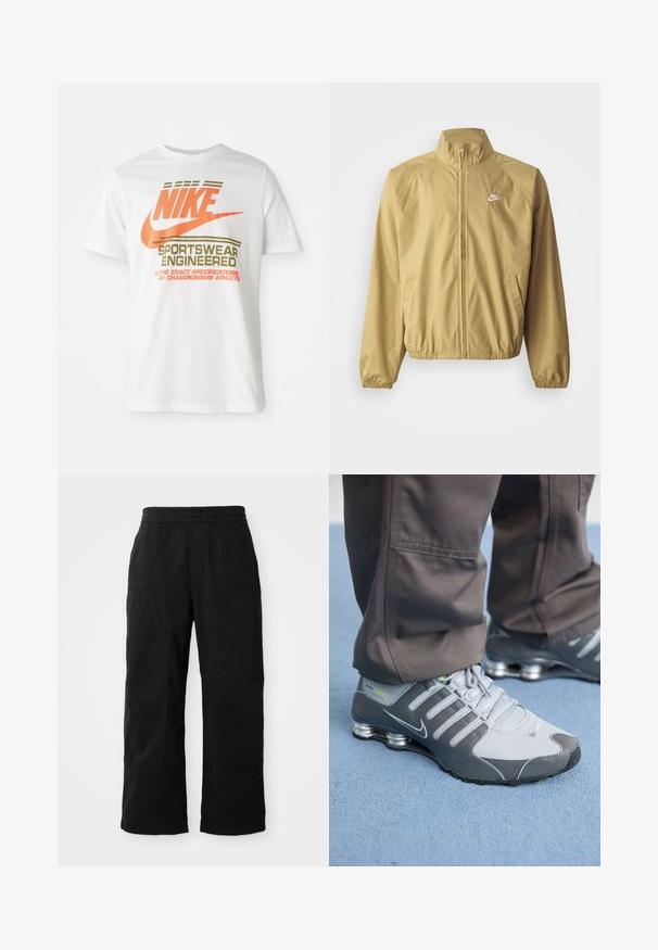 Lichtbruin windbreakerjack met een staande kraag, volledige rits, elastische manchetten, zijzakken en een klein wit logo op de borst.; Witte katoenen t-shirt met een groot oranje 'NIKE' logo en groene tekst die 'SPORTSWEAR ENGINEERED' zegt, plus aanvullende specificaties.; Zwarte katoenen broek met een elastische tailleband, wijd gesneden ontwerp en grote zijzakken. De stof lijkt zacht met een gladde textuur.; Grijze en zilveren Nike Shox sneakers hebben een strakke uitstraling, met een combinatie van mesh en synthetische materialen, een ronde neus en een gevoerde kraag.