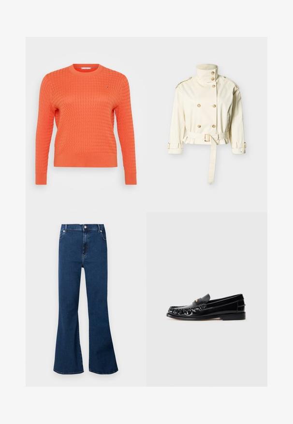 Trench-coat court de couleur crème avec col montant, fermeture à double boutonnage, taille ceinturée et brides réglables aux poignets.; Pull en tricot orange avec un motif en relief, col rond et manches longues. Détail de petit logo sur la poitrine.; Jean en denim bleu foncé taille haute avec jambes évasées larges, bouton devant et poches, présenté sur un fond clair.; Mocassins en cuir noir avec un bout arrondi, des coutures décoratives et un petit accent doré sur le dessus. Semelle en caoutchouc plate, design épuré.