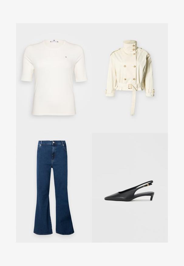 Trench-coat court de couleur crème avec col montant, fermeture à double boutonnage, taille ceinturée et brides réglables aux poignets.; T-shirt côtelé à manches courtes, de couleur crème, avec un petit logo sur la poitrine gauche. Design décontracté et ajusté, convenant à diverses occasions.; Jean en denim bleu foncé taille haute avec jambes évasées larges, bouton devant et poches, présenté sur un fond clair.; Des escarpins à talon ouvert noirs avec un bout pointu, une texture en cuir lisse, un petit talon aiguille, et une sangle avec un accent de boucle en métal.