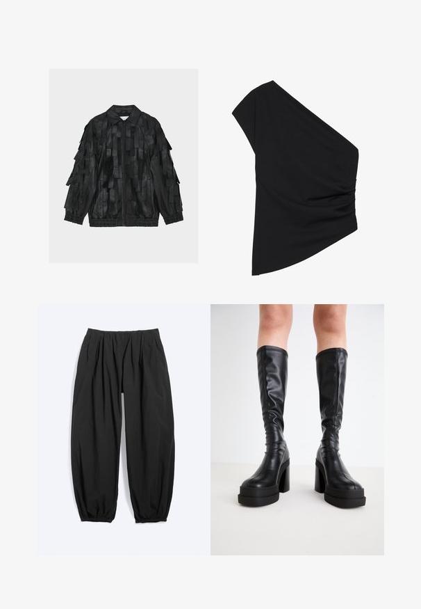 Sort læderjakke med frynser, der har lynlås, krave samt elastiske manchetter og linning. Tekstureret overflade med et dristigt design.; Sort top med én skulder lavet af strækbart stof, med en detaljeret ruched side og en asymmetrisk kant. Glat tekstur med let fald.; Løse sorte tilspidsede bukser med elastisk talje og ankelsmæk, lavet af let stof.; Sorte knælange støvler i glat læder, med en tyk platform og blokhæle, samt stikninger langs kanterne.