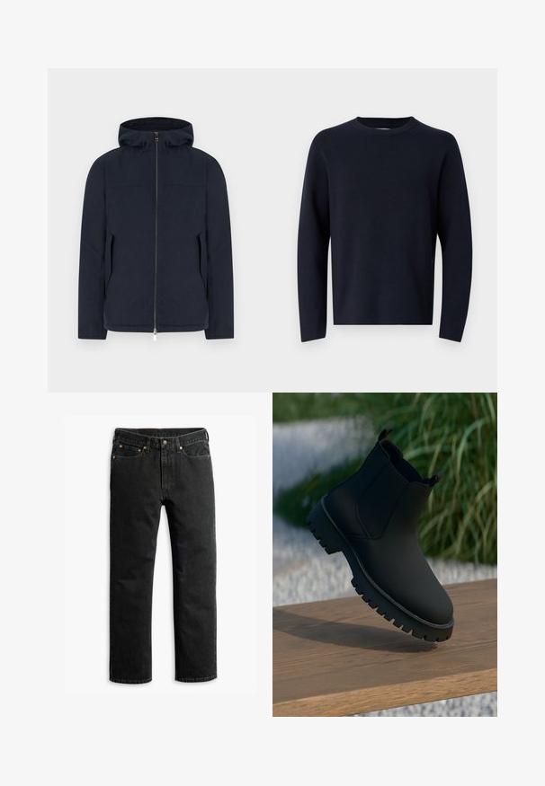 Marineblauwe hoodie met rits aan de voorkant en zijzakken, weergegeven tegen een effen witte achtergrond.; Marineblauwe trui, ronde hals, lange mouwen, gemaakt van zachte stof met een gladde textuur. Eenvoudig ontwerp, geen zichtbare patronen of hardware.; Zwarte rechte spijkerbroek met vijf zakken, riemlussen en een knoopsluiting in de taille, plat gelegd op een witte achtergrond.; Zwarte enkelboot met een gladde afwerking, elastische zijpanelen en een dikke, robuuste zool. Geplaatst tegen een natuurlijke achtergrond op een houten oppervlak.
