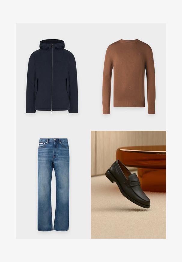 Marineblå hættetrøje med frontlynlås og sidelommer, vist mod en simpel hvid baggrund.; Brun strikket sweater med lange ærmer og rund halsudskæring. Ribbet kant og manchetter. Lille logo detalje på brystet.; Blå lige ben denim jeans med let bleget effekt, frontlukning med knap og et lille logo mærke på den højre forlommer.; Sort læder herreloafer med bånd tværs over toppen, vist på beige tæppe nær et brunt moderne rundt bord.