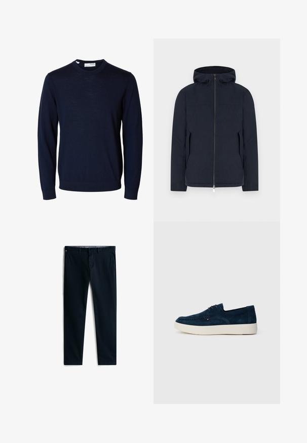 Marineblå hættetrøje med frontlynlås og sidelommer, vist mod en simpel hvid baggrund.; Marineblå langærmet crewneck-trøje med ribbede manchetter og kant, lavet af fint strikket stof.; Mørkeblå bukser lavet af bomuld med en glat tekstur. Har sidelommer, knaplukning og et subtilt brandlogo på taljen.; Mørkeblå fløjlsko med lav profil, rund tå og hvid gummisål. Har grå snørebånd og et lille logo-detalje på siden.