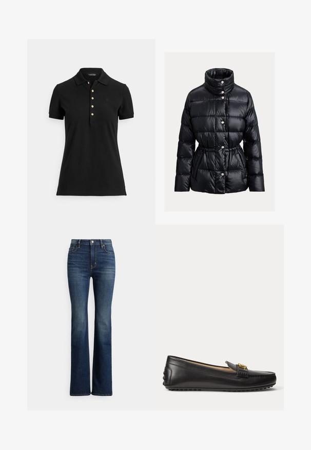 Chaqueta acolchada negra con cuello alto, que presenta un diseño acolchado, botones de presión plateados y una cintura ajustable con cordón para un mejor ajuste.; Polo negro de tela texturizada, con cuello, mangas cortas y una tapeta con botones dorados. Detalle sutil del logo en el pecho.; Vaqueros acampanados de tiro alto en azul oscuro con botón frontal y bolsillos, con un ligero desgaste en los muslos y las zonas de las rodillas, mostrados sobre un fondo blanco.; Mocasín de cuero negro con detalle de hebilla dorada y suela de goma con tachuelas, mostrado de lado sobre fondo blanco.