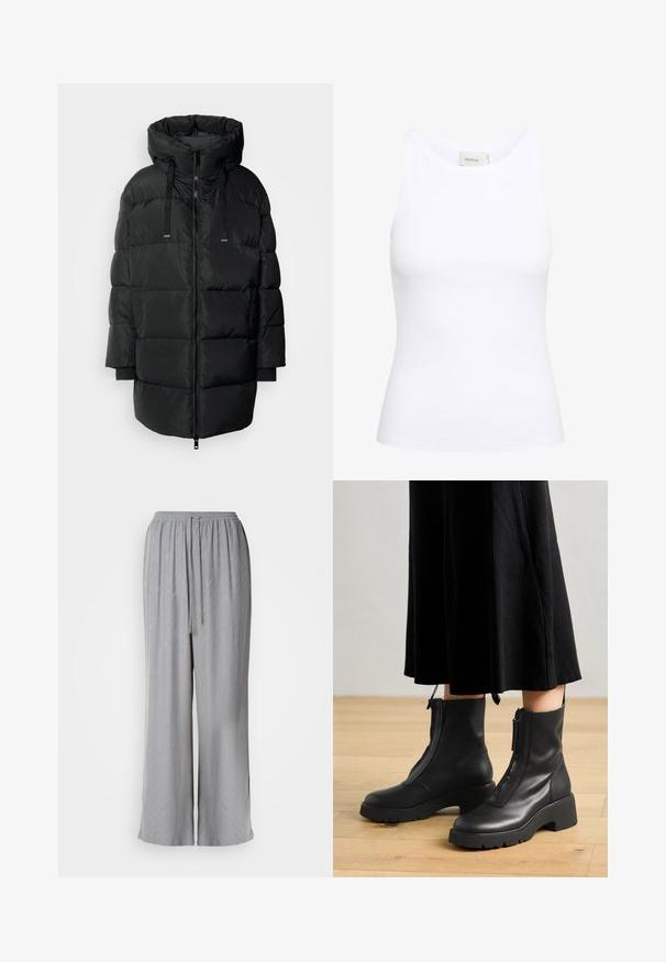 Abrigo acolchado negro con cuello alto, cierre delantero y cordón ajustable. Presenta mangas largas y bolsillos laterales, diseñado para proporcionar calidez y comodidad.; Top sin mangas de canalé blanco con escote redondo. Tejido elástico y diseño ajustado. La etiqueta en la parte posterior dice "GESTUZ."; Pantalones de pierna ancha de color gris claro, hechos de una tela suave, con una cintura elástica y cordón de ajuste, y sutiles patrones diagonales.; Botas de tobillo de cuero negro con suela de plataforma gruesa y cremallera delantera. Textura suave con un diseño minimalista.