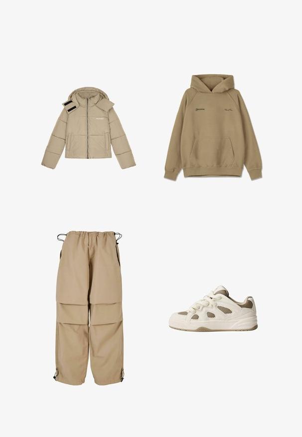 Beige duvetjakke med hætte, lynlås foran, to sidelommer og velcrobånd på skulderen. Tekstlogo på brystet.; Beige hættebluse i fleece materiale, med en frontlomme, ribbede mansjetter og broderede logoer på brystet.; Beige cargo bukser med elastisk talje, lagdelt design og sidelommer. Har justerbare manchetter med toggles for en tilpasset pasform.; Hvide og beige sneakers med mesh-paneler, rund tå, tyk sål og snørebåndsdesign. Har teksturerede detaljer og mønstret sål.