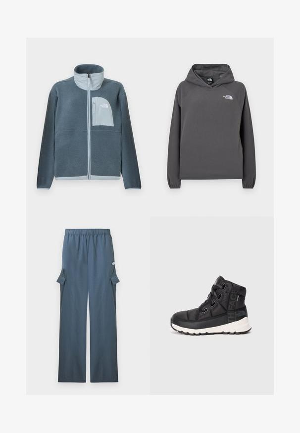 Svetlomodrá flísová bunda s plným predným zipsom a náprsným vreckom s logom The North Face na pravej strane.; Sivý mikina s kapucňou z fleecu s voľným strihom, rebrovanými manžetami a malým bielym logom na ľavej hrudi. Jemná textúra a jednoduchý dizajn.; Tmavomodré široké cargo nohavice s elastickým pásom a klopovými vreckami na bokoch, s logom značky na hornej časti stehna.; Čierne stredne vysoké turistické topánky s textúrovaným povrchom, nastaviteľnými šnúrkami a bielou gumovou podrážkou. Obsahujú branding po boku.