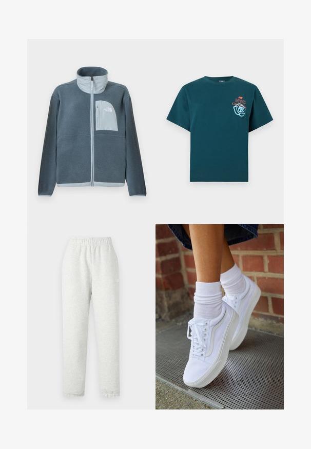 Svetlomodrá flísová bunda s plným predným zipsom a náprsným vreckom s logom The North Face na pravej strane.; Tmavomodro-zelené tričko s krátkym rukávom s textom „NYC City park tour“ a modrým kvetinovým motívom na ľavej strane hrudníka.; Svetlo šedé tepláky s elastickým pásom, zúženými nohavicami a rebrovanými manžetami. Vyrobené z mäkkej, štruktúrovanej tkaniny. Biele logo na boku.; Biele plátené tenisky s gumovou podrážkou, s piatimi dierkami na šnúrky, okrúhlou špičkou a svetlými švami, doplnené o biele členkové ponožky.