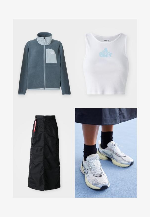 Lyseblå fleecetrøje med fuld lynlås foran og brystlomme med The North Face-logo på højre side.; Hvid ribbet crop top med rund halsudskæring og et lyseblåt "OBEY" logo centreret på brystet. Glat tekstur og tætsiddende design.; Sort lang nederdel med frontknap og lynlås, sidelommer, og et rødt "Remove Before Flight" stofmærke på taljen.; Hvide og sølv Nike sneakers med mesh-stof, reflekterende detaljer og en beige sål. Bæres med sorte sokker og står på en blå overflade.